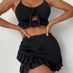 Tvirtas bikinio rinkinys, tinklinis paplūdimio stiliaus paplūdimio stiliaus maudymosi kostiumėlis moterims Trijų dalių Flounce vasaros maudymosi kostiumėlis Biquini maudymosi kostiumėlis L