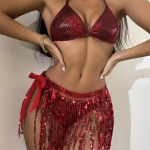 Moteri&scaron;kas seksualus trikampis suskaidytas bikinio kostiumo komplektas, kaklarai&scaron;tis, &scaron;oninis G-String maudymosi kostiumėlis, elastingas ant vieno peties S raudona