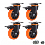 4 vnt. 4 colių didelio apkrovos baldų ratukai, pasukamas priekinis guminis ratas, lauko ratukai, i&scaron;laikantys 300 svarų (4 ratukai su stabdžiais) 4pcs oranžinė