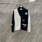 Summer College Style Rose Bird Jacquard V-Neck Cardigan in Blue and Gray M pilka spalva
