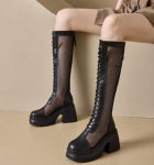 Madingi 10 cm oro tinklelio natūralios odos moteri&scaron;ki vasariniai motociklininkų batai platforma auk&scaron;tu kulnu tu&scaron;čiaviduriai su užtrauktuku moteri&scaron;ki ankle boots madingi 34 juoda