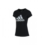 Adidas Vienspalviai firminio logotipo kasdieniai sportiniai mar&scaron;kinėliai apvaliu kaklu ir trumpomis rankovėmis moterims, juodi DM5345 M