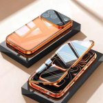 360 Pilnos Apsaugos Metalinis Magnetinis Dvipusis Stiklinis Užspaudžiamas Telefono Dėklas iPhone 17 Air 16 15 14 13 12 11 Pro Max Apsauginis Dangtelis Objektyvui For iPhone 17 Pro Max oranžinė