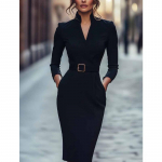 Pavasaris Ruduo Stovinti Apykaklė Eleganti&scaron;ka Mada Diržas Prigludusi Vakarinė Suknelė Moterims Ilgomis Rankovėmis Liemenuota Chalatas Vestidos M juoda