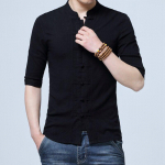 Vyri&scaron;ki medvilniniai lininiai mar&scaron;kiniai, vyri&scaron;ki pusės rankovių, ploni mandarinų apykaklės mar&scaron;kiniai, kini&scaron;ko stiliaus &bdquo;Camisa Masculina&ldquo;. XXXXL juoda