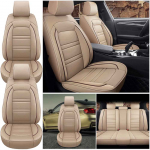 Universal 5-Seat PU Leather Car Seat Covers Full set Front Rear Seat Cushion Anti-scratch Protection Four Season smėlis