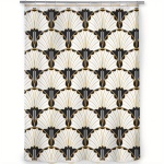 Art Deco Geometrinė Du&scaron;o Užuolaida &ndash; Eleganti&scaron;kas Vėduoklės Ra&scaron;tas Smėlio ir Juodos Spalvos, Modernus Vonios Kambario Dekoras, Poliesteris, Su Kabliukais W178H216(CM)-1 Pcs