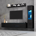 TV sieninis baldų komplektas 3 dalys LED ap&scaron;vietimas Juodas blizgus 1 x TV spintelė, 1 x Svetainės vitrina, 1 x Sieninė lentyna, TV iki 80' juoda