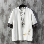 Vyri&scaron;ki mar&scaron;kinėliai su gervės siuvinėjimu, tradicinio japoni&scaron;ko stiliaus drabužiai, vyri&scaron;ki mar&scaron;kiniai su pusiau ilgomis lininėmis rankovėmis, vienspalviai, su mandarinų apykakle M