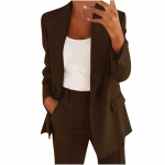 Moterų laisvalaikio ilgomis rankovėmis vienspalvis atvartas Cardigan kostiumas &scaron;varkas kelnių kostiumas M ruda