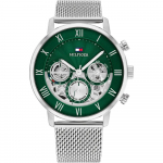 Tommy Hilfiger Vyri&scaron;kas Skeletas Chronografas Kvarcinis Laikrodis Žalias Ciferblatas Sidabrinis Korpusas Sidabrinis Tinklelio Apyrankė 1710567 sidabras