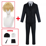 Anime grandininio pjūklo vyri&scaron;kas Denji Cosplay kostiumas, juodas kostiumas, laisvalaikio uniforma Velnio medžiotojas Helovino karnavaliniai vakarėlio drabužiai S-(Suit+Wig) juoda