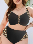 2025 Didelio dydžio leopardo bikini dviejų dalių auk&scaron;tu liemeniu maudymosi kostiumėlis moterims su petne&scaron;ėlėmis maudymosi drabužiai moteri&scaron;ki maudymosi kostiumėliai paplūdimio drabužiai 0XL juoda