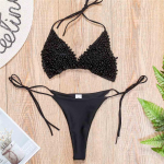 Halter Mini Bikini Moteri&scaron;kas maudymosi kostiumėlis Moteri&scaron;ki maudymosi kostiumėliai Dviejų dalių bikinio rinkinys Prabangus Pearl Bather maudymosi kostiumėlis S juoda