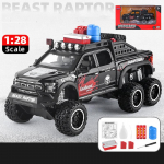 1/28 mastelio Ford Raptor F150 6X6 pikapas sunkvežimių sunkvežimių dyzelinis automobilio modelio žaislas, patraukiama atgal žaislinė transporto priemonė su garsu ir &scaron;viesa, skirta vaikams, mažiems vaikams dovanų kolekcija 1/28-21.5x10.5x9.5cm juoda
