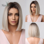 ALAN EATON Trumpas tiesus sintetinis Bob perukas moterims Platininiai blondiniai perukai su tamsiomis &scaron;aknimis Cosplay Highlight Hair Atsparūs kar&scaron;čiui