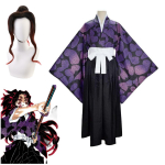 Anime Demon Slayer Kokushibo Cosplay Juodas Raudonas Perukas Violetinis Kimono Haori Uniforma Helovino Kalėdų Vakarėlio Kostiumas XS-(Costume+Wig)