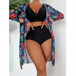 Moteri&scaron;ki trijų dalių bikini rinkiniai auk&scaron;tu juosmeniu &scaron;ortai maudymosi kostiumėliai ilgomis rankovėmis marginti vir&scaron;eliai Moteri&scaron;ki paplūdimio bikinai S juoda