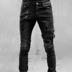 Retro Moto Biker Tiesūs Elastingi Džinsai Vyri&scaron;ki Užtrauktukas Hole Streetwear Punk Skinny Denim Cargo Pants Pantalones Hombre Y2K Drabužiai S juoda