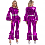 Moteri&scaron;kas vintažinis 70S diskotekinis blizgus kombinezonas varpelio apačia hipio &scaron;liaužtinukas, linksmybių uniforma Helovino Cosplay teminis vakarėlio kostiumas 3XL violetinė