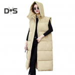 Winter Women Waistcoat Thickened Padded Zipper Closure Hooded Loose Fit Adjustable Waist with Belt Sleeveless Solid Color Windproof Heat Retention M chaki