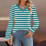 Women's Daily Casual Long-sleeved Striped Printed v-neck Top XXL smėlis
