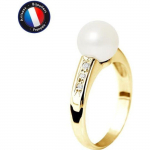 PERLINEA - Bague V&eacute;ritable Perle de Culture d'Eau Douce Ronde 8-9 mm - Colori Blanc Naturel - Diamant - Or Jaune - Bijou Femme