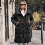 GASMAM žieminė pūkinė striukė moteri&scaron;ka &scaron;ilta ilga klasikinė užtrauktukas suvarstomas ki&scaron;eninis gobtuvas plonas parkas moteri&scaron;kas paltas 88599 L juoda