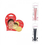 Kit pour biscuit en relief Coeur + 2 Stylos au chocolat rose pastel et noir