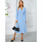 Rudens ir žiemos moteri&scaron;ka suknelė V formos i&scaron;kirpte ilgomis rankovėmis Madinga plona temperamento A formos suknelė M &scaron;viesiai mėlyna spalva