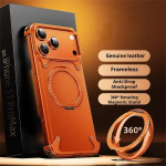 Prabangus natūralios odos telefono dėklas, skirtas iPhone 17 16 15 14 13 Pro Max, su Magsafe magnetiniu, smūgiams atspariu buferiu ir 360&deg; pasukamu žiediniu stoveliu For iPhone 17 Pro oranžinė
