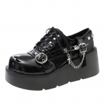 2024 m. mada, nauja panki&scaron;ko stiliaus moteri&scaron;ka avalynė, metalinė grandinėlė, suvarstomi lakinės odos batai moterims, 6 CM platforma, gotikinė &bdquo;Lolita&ldquo; batai &bdquo;Zapatos&ldquo; 35 juoda