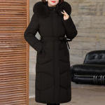 Didelio dydžio XL-6XL Vidutinio amžiaus moteris Ilgi Parkai Žieminiai Stori &Scaron;ilti Paltai Su gobtuvu Eleganti&scaron;ka dirbtinio kailio apykakle Laisvos moteri&scaron;kos striukės XL juoda