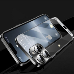 Prabangus metalinio rėmelio telefono dėklas, skirtas iPhone 14 13 12 Pro Max Full Lens Stiklo dangtelis Skaidrus galinis dangtelis For iPhone 12 juoda