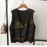 Retro laisvai spausdinta megzta liemenė, moteri&scaron;ka viena krūtine, didelė striukė be rankovių, striukė su spauda Harajuku stiliaus naujos mados ruduo One Size ruda