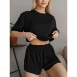 Namų drabužiai Apvalaus kaklo Laisvalaikio Pižama Trumpomis rankovėmis &Scaron;ortai 2 dalių rinkinys Kostiumas L juoda