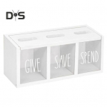 Medinė Piggy Bank 3 skyrių pinigų taupymo dėžutė, vizualizuota banknotų monetų taupymo dėžutė vaikams, suaugusiems, miegamojo biuras juoda balta spalva