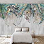 Modernūs 3D sieniniai tapetai Nordic stiliaus Augalų lapai Pauk&scaron;čiai Fototapetai Svetainė Miegamasis Namų dekoras Freska 200 cm(W) x 140 cm(H)