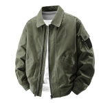 Unisex Laisvalaikio Medvilninis Bomber Striukė - Vienspalvė, Atverčiama apykaklė, Pavasaris/Ruduo, Laisvas kirpimas XL armijos žalia spalva