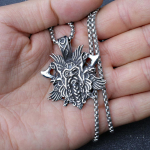 Skandinavų mitologija Naujas vikingo veidas su dviguba kirve apsauginis retro pakabukas karoliai madingi aksesuarai 50CM(Necklace Size) sidabras
