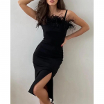 Moteri&scaron;ka rudens su plunksnomis ant petne&scaron;ėlių Bodycon midi suknelė su auk&scaron;tu skeltuku Seksuali prigludusi kokteilinė, vakarinė, i&scaron;leistuvių suknelė S juoda