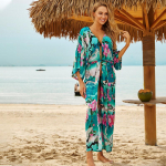 2022 m. žalios spalvos &bdquo;Boho Print&ldquo; medvilninis bikinis, ilgomis rankovėmis tunika, ilga suknelė laisvalaikio plius dydžio moteri&scaron;ka paplūdimio apranga prijuostė Q734 One Size žalia