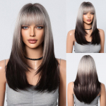 LOUIS FERRE Ombre blondiniai juodi perukai moterims, ilgi tiesūs sluoksniuoti perukai su kirpčiukais, kar&scaron;čiui atsparaus pluo&scaron;to sintetinis perukas kasdienai