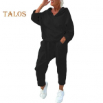 2 vnt./komplektas Moteri&scaron;kas pavasario rudens vir&scaron;utinių kelnių rinkinys su gaubtu, grynos spalvos ilgomis rankovėmis, gobtuvu, elastingu juosmeniu Haremo kelnės, sportinė apranga, laisvalaikio sportinis kostiumas XXXL juoda