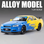 1:24 visos skalės GTR R34 keturių ratų amortizacinis vairo mechanizmas Keturių durų lydinio garsas ir lengvas traukimo atgal modeliavimas automobilio modelio žaislas berniukui dovana geltona