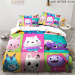 Gabby lėlių namelio patalynės komplektas Kawaii patalynės komplektas Viengulis Dvigulis dydis Namų dekoras Mergaitėms Vaikams Animacinis Mielas Katės Antklodės užvalkalų komplektas EU Single(135*200cm)3pcs blue