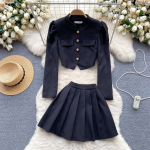 Eleganti&scaron;kas prancūzi&scaron;kas biuro dviejų dalių komplektas, moteri&scaron;kas sagomis, vintažinės vir&scaron;utinės dalies klostuotas mini sijonas, moteri&scaron;kas madingo dizaino laisvalaikio komplektai, 2024 m. Nauja S juoda