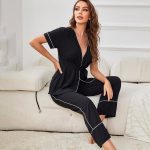 Moteri&scaron;ka pižama pavasario ir rudens megztiniai trumpomis rankovėmis miegui skirti chalatai Home Wear Se S juoda