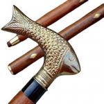 Antikvarinio stiliaus žuvies rankenos galvutė medinė lazda, vintažinė, tvirta žalvario rankena, sulankstoma lazda