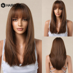 HAIRCUBE Ilgi tiesūs rudi sintetiniai perukai moterims natūraliems plaukams tamsių &scaron;aknų perukai su kirpčiukais Kar&scaron;čiui atsparūs perukai.